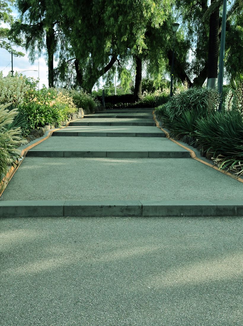 Peaceful garden pathway surrounded by plants and trees